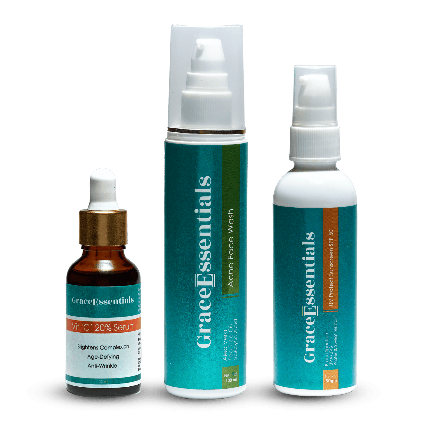 Acne Soothing and Protect Kit with Salicylic Acid face wash, Spf 50 Sunscreen and Vitamin C Serum GraceEssentials